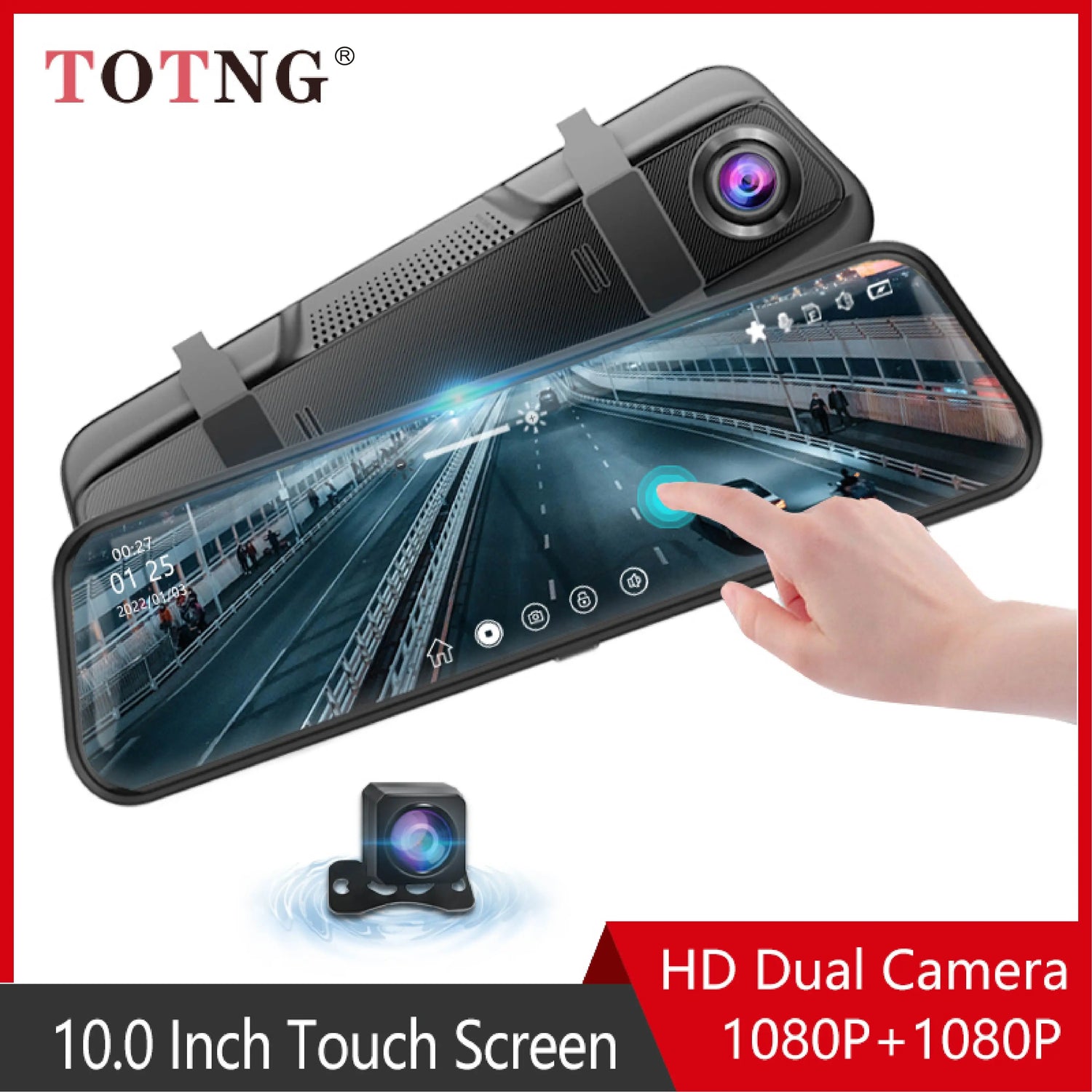TOTNG SafeDrive 10” Touch Screen Mirror DashCam (Optional Rear Camera)