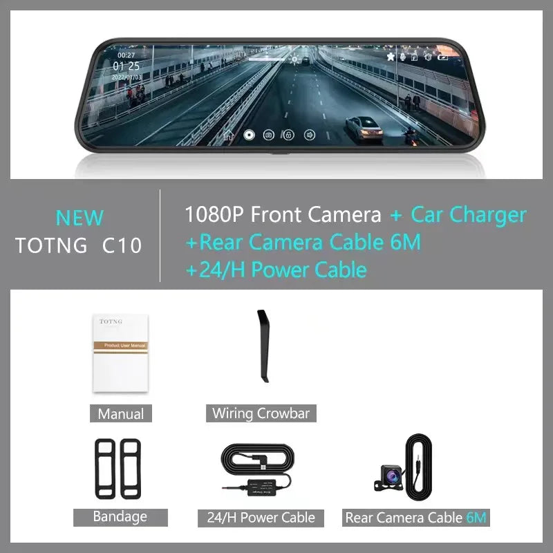 TOTNG SafeDrive 10” Touch Screen Mirror DashCam (Optional Rear Camera）